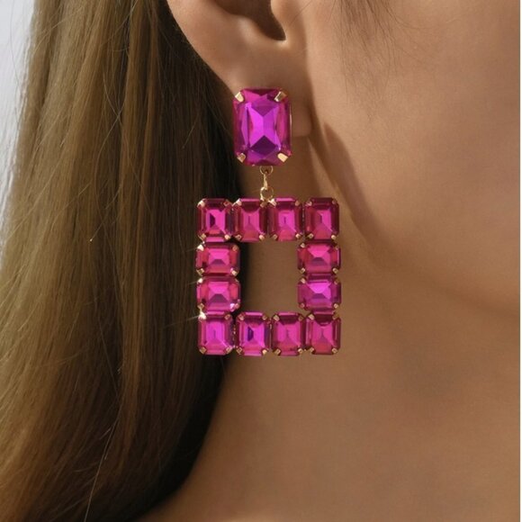 Rhinestone Square Drop Earrings - Picture 1 of 3